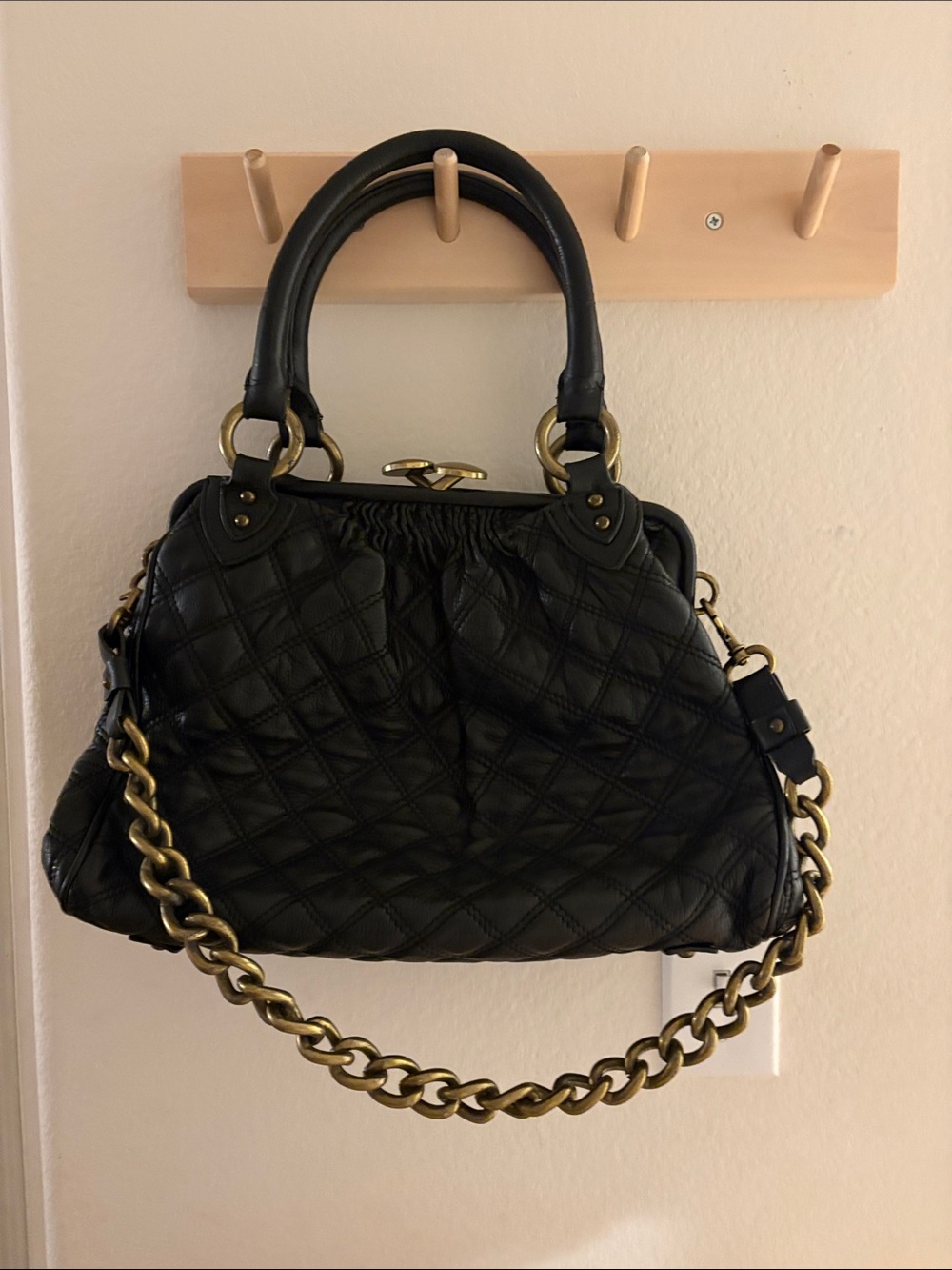 Marc Jacobs Stam Bag - Black Quilted Leather Satchel with Gold Hardware